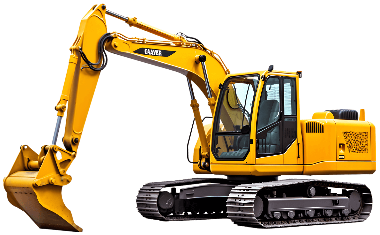 Yellow tracked excavator with its arm extended